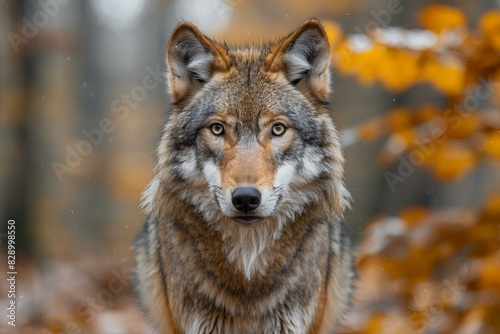 Digital image of the wolf stands in the woods and looks out  high quality  high resolution