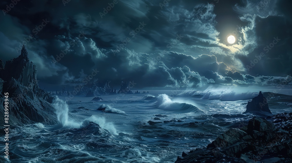 A night-time ocean scene where powerful waves flow around rocky structures, under a heavy cloud cover lit by a distant, glowing sun, creating a stark contrast of light and shadow.