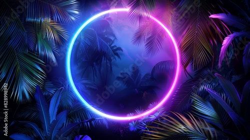 Tropical Glow, Neon Circle Ring Amidst Palm Leaves on Dark Background - Vibrant Blue, Purple, Yellow Hues Illuminate the Scene.