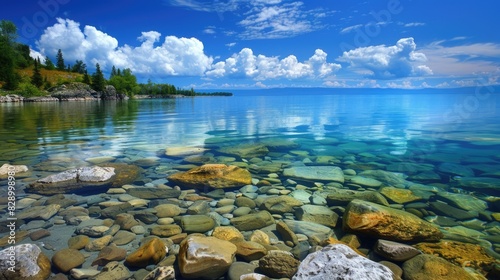 The Great Outdoors. Clear Blue Lake Landscape with Stunning Sky View photo