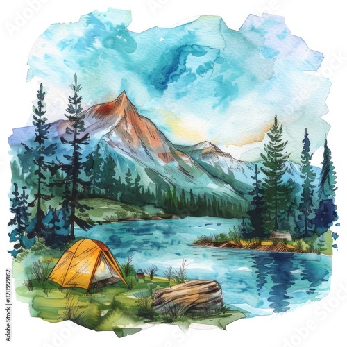 Camping Drawing. Watercolor Landscape of Mountain Adventure Traveling