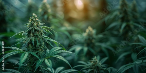 Cannabis plant in natural sunlight. Close-up of a cannabis plant with lush green leaves and buds, bathed in natural sunlight in a greenhouse setting. Banner with copy space