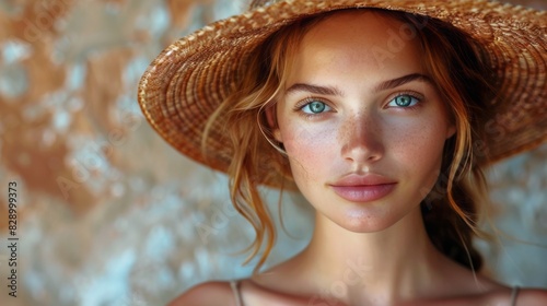 Woman Wearing Straw Hat With Blue Eyes