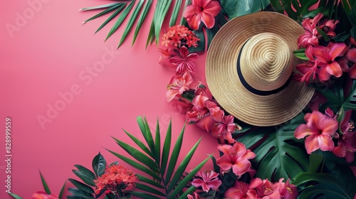 Straw Hat and Flowers on Pink Background