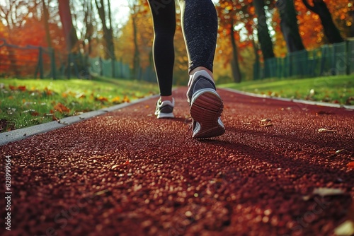 Close-up of running shoes on a red track in an autumnal park.
