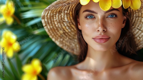 Woman Wearing Straw Hat With Yellow Flowers