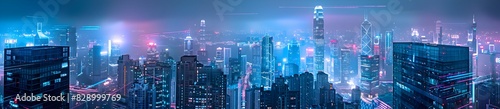 abstract cityscape panorama with blue color  glitch effect  motion blur  