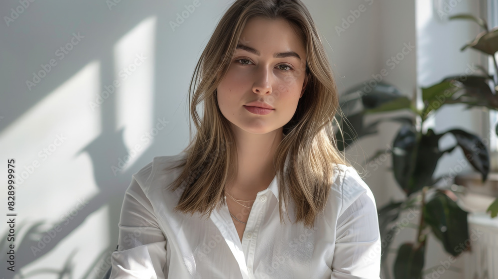 Digital influencer woman posing a portrait on social media, with soft and natural makeup Digital influencer woman posing a portrait on social media, with soft and natural makeup
