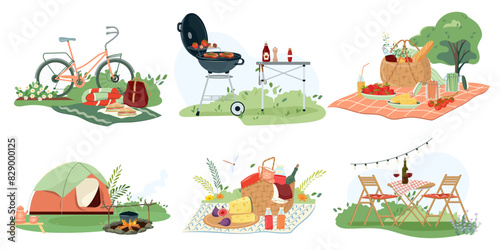 Flat vector set of picnic compositions. Hand drawn illustrations baskets full of delicious, bbq grill, furniture, camping with tent for relax outdoor. Vector clipart with hampers for food and blanket