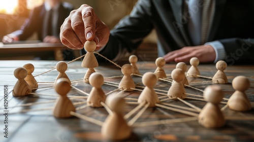 Strategic Unity Business Leader Building a Strong Organizational Structure with Wooden Figurines and String Connections