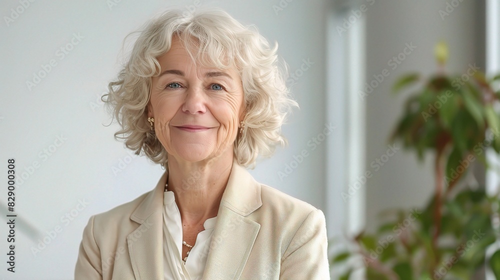 older business woman wearing a beige blazer, smiling warmly with a white background older business woman wearing a beige blazer, smiling warmly with a white background