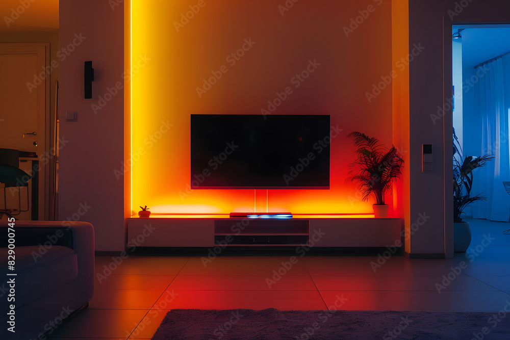 photo of a living room minimalism style with a modern television mounted on a wall with rgb backlight, wide-angle shot, frontal view