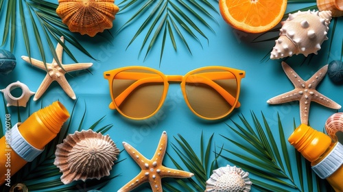 Orange Sunglasses Surrounded by Shells and Starfish