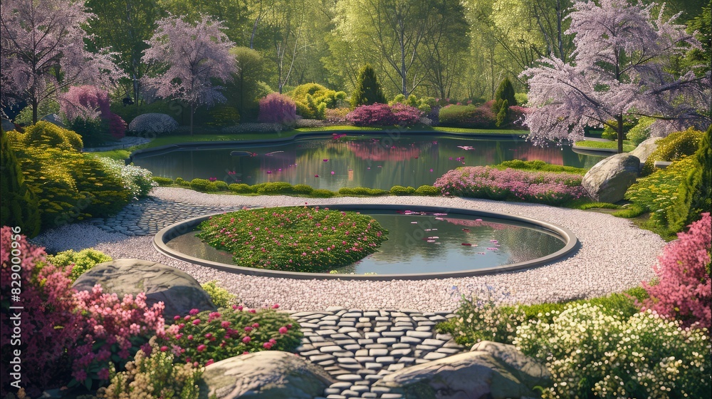 Obraz premium A quaint park setting with a small circular lake at the center, surrounded by a variety of flowering shrubs and a circular stone path that allows for leisurely strolls any time of day.