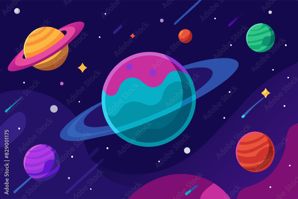 Bright and playful outer space illustration with colorful planets, rings, and stars against a dark background. Bright and playful outer space illustration with colorful planets, rings, and stars against a dark background.