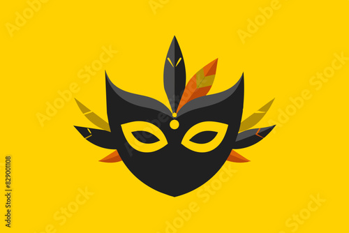 A striking black carnival mask adorned with colorful feathers against a vibrant yellow background, embodying a festive spirit.