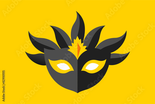 A minimalist carnival mask design in black with gold accents, set against a bright yellow backdrop, ideal for modern festive themes.