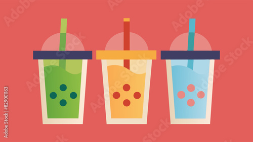 Vector illustration of three colorful bubble tea drinks in clear cups with lids and straws on a coral background.