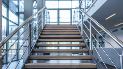 Wooden and metal handrail staircase in office building with large windows in the background