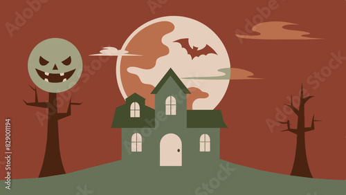 Spooky Halloween-themed illustration featuring a haunted house, barren trees, and a large grinning moon.