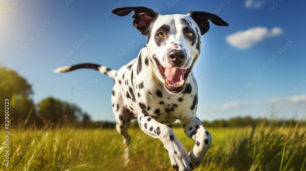 Dynamic Dalmatian: Energetic Dog Running with Owner in Sunlit Field Dynamic Dalmatian: Energetic Dog Running with Owner in Sunlit Field