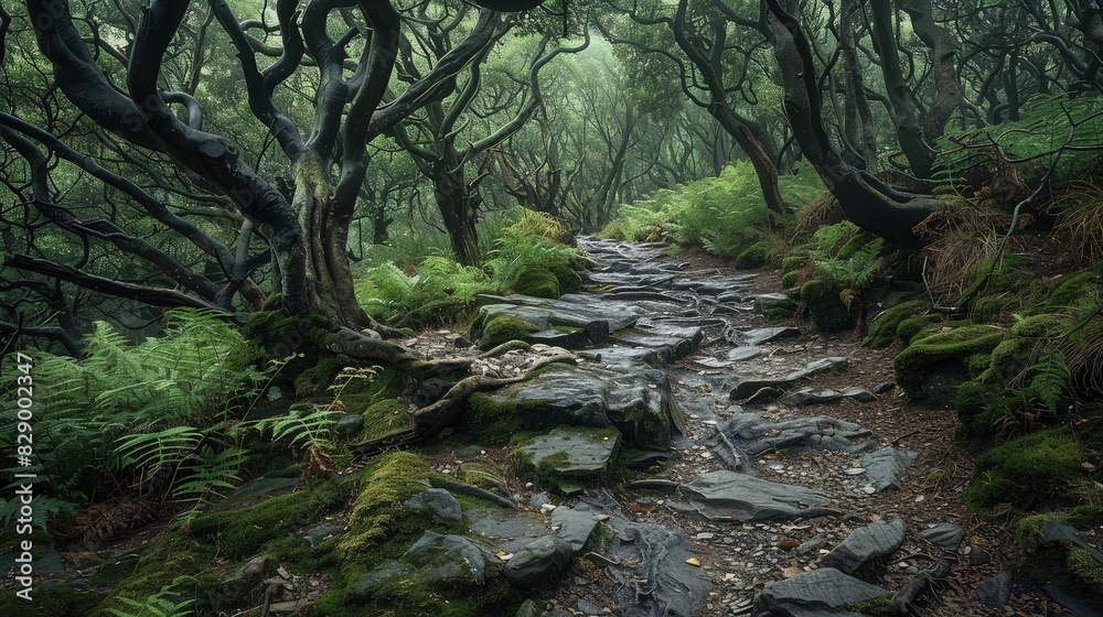 A rocky path through an ancient woodland, with gnarled trees and a carpet of ferns, evoking a sense of mystery and timelessness. A rocky path through an ancient woodland, with gnarled trees and a carpet of ferns, evoking a sense of mystery and timelessness.