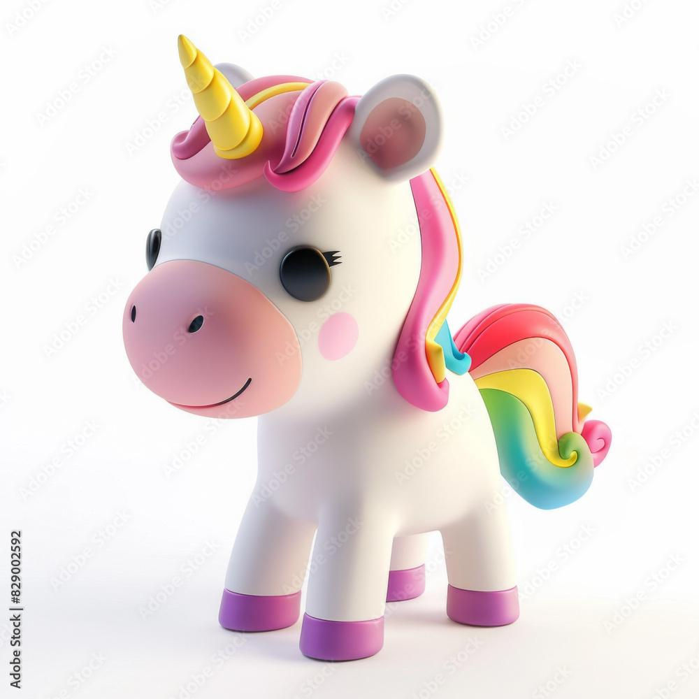 A cute and colorful 3D rendering of a unicorn.