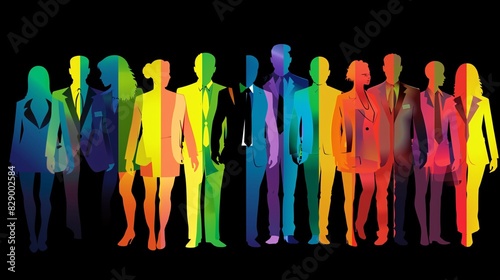 A group of diverse and stylized figures in silhouette, each representing different rainbow colors against a black background. The silhouettes should be detailed with distinct facial features, wearing
