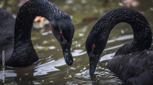 Two Black Swans Eating photo