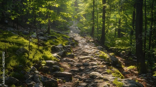 A rugged rocky path winding through a dense green forest  with sunlight filtering through the trees  casting dappled shadows on the trail.