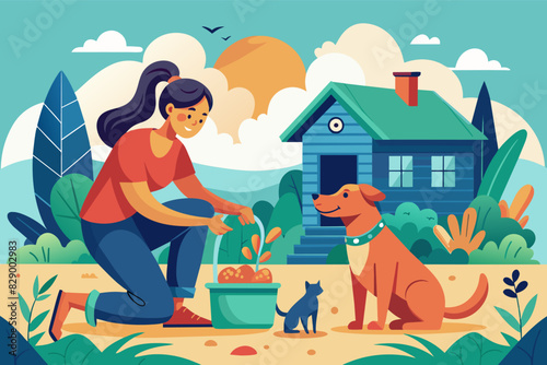 a woman is playing with her dog in the yard