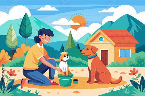 a woman is playing with her dog in the yard