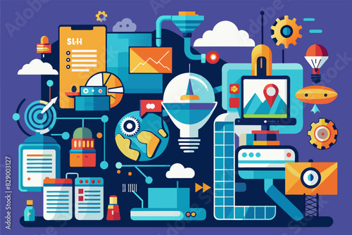 a blue background with a bunch of different icons