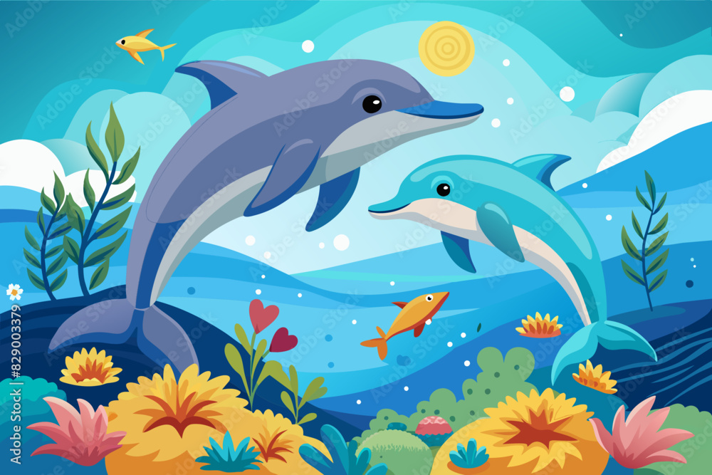 two dolphins jumping in the ocean with flowers two dolphins jumping in the ocean with flowers