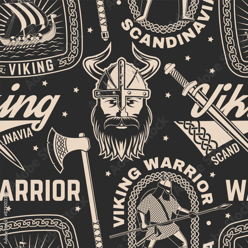 Vikings warrior seamless pattern or background. Vector. Fabric, texture, wallpaper with drakkar, vikings in helmet with battle sword, spear and round shield