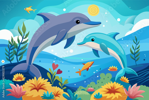 two dolphins jumping in the ocean with flowers