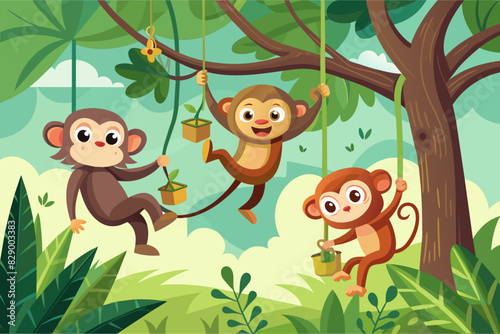 three monkeys hanging from a tree in the jungle