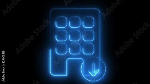 A glowing neon blue icon of a building with a download arrow symbol in front of it, set against a black background.