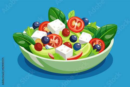 a bowl of salad with tomatoes, cheese and olives