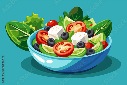 a bowl of salad with tomatoes, cheese and olives