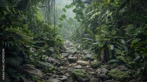 A secluded rocky path in a rainforest  with dense foliage  hanging vines  and the constant sound of distant wildlife.