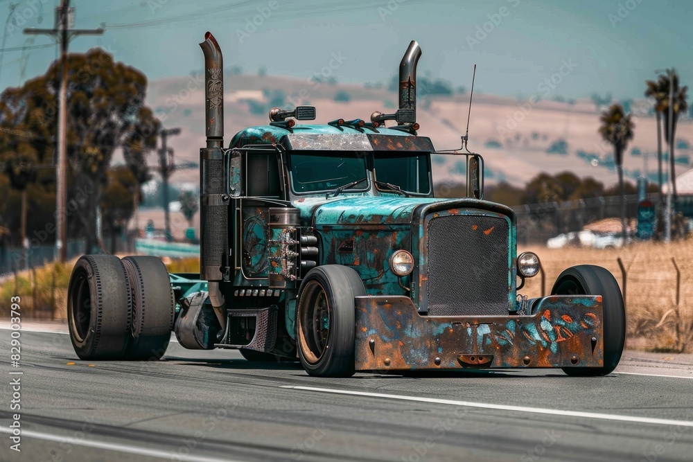 A highly tuned truck on a road. A highly tuned truck on a road.