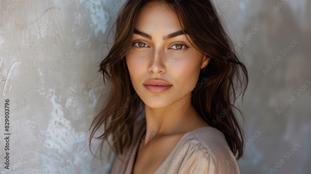 Digital influencer woman posing a portrait on social media, with soft and natural makeup Digital influencer woman posing a portrait on social media, with soft and natural makeup