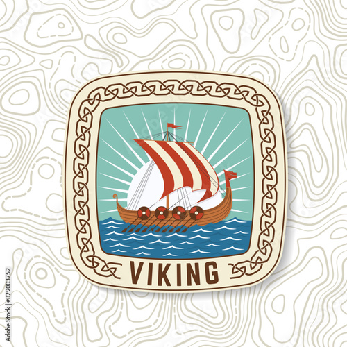 Viking ship logo, badge, sticker with native ornament borders. Vector illustration. For emblems, labels and patch. Monochrome style viking ship.