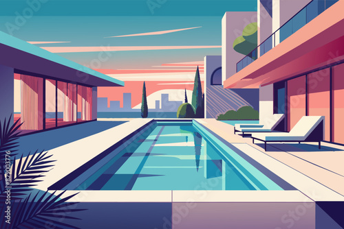 a modern house with a swimming pool and lounge chairs