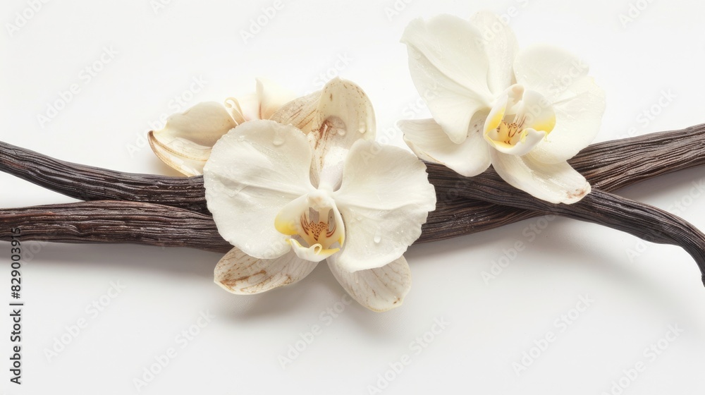 Vanilla on White. Horizontal Composition of Vanilla Flower Pods, Sticks, Beans, and Orchid Vanilla on White. Horizontal Composition of Vanilla Flower Pods, Sticks, Beans, and Orchid