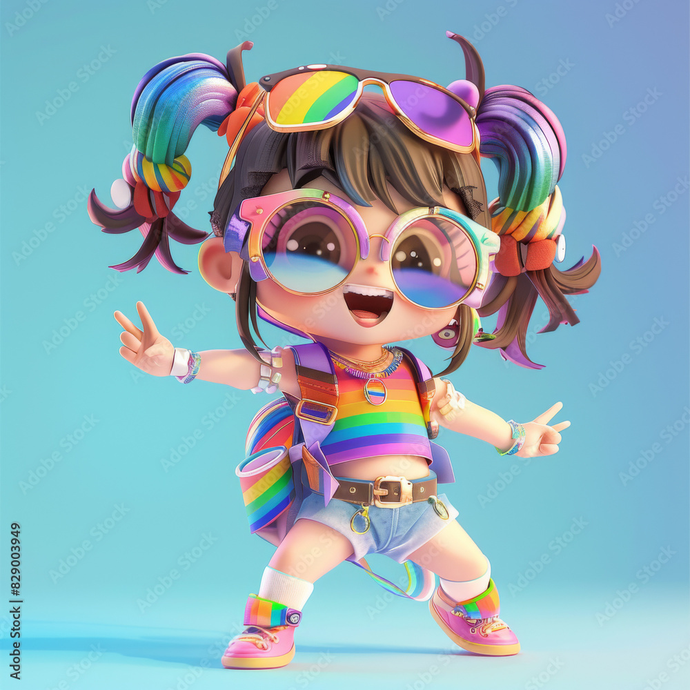 Cute cartoon girl with rainbow clothes and accessories. Cute cartoon girl with rainbow clothes and accessories.