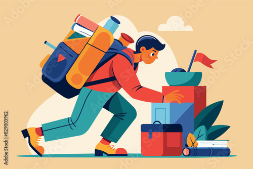 a man carrying a backpack and a lot of luggage