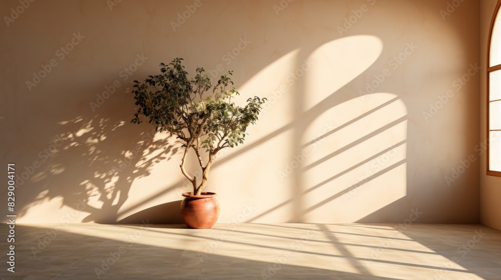 Tranquil Sunlit Room with Potted Tree and Shadow Tranquil Sunlit Room with Potted Tree and Shadow