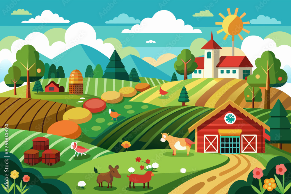 a farm scene with a barn, farm animals and a farm a farm scene with a barn, farm animals and a farm